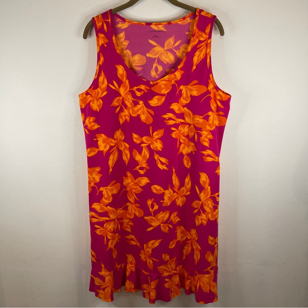 Lands' End Floral Pink and Orange Beach Coverup Swim Dress Size L 14-16